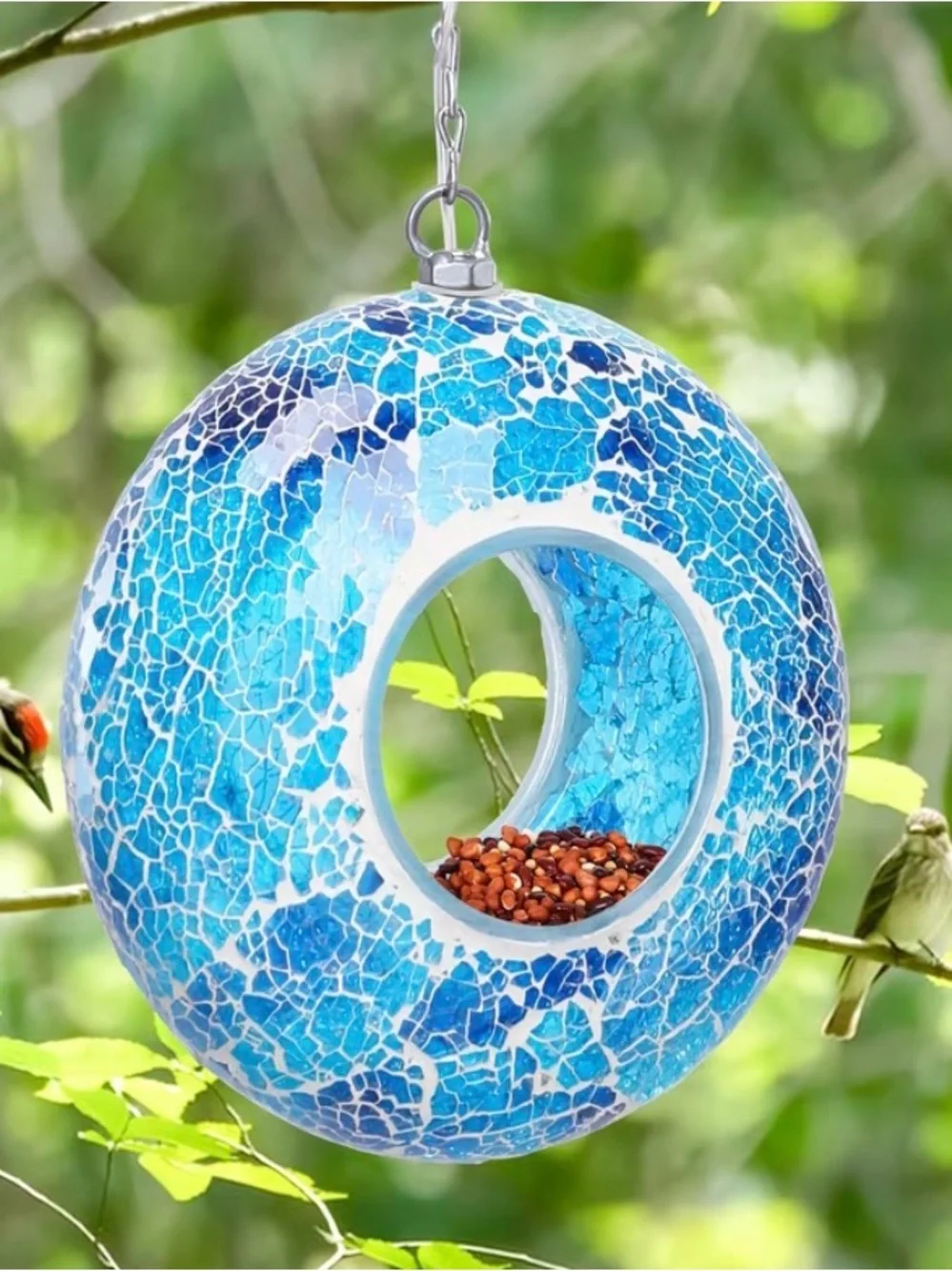 6.3” Solar Mosaic Fly Thru Hanging Bird Feeder - Decorative Outdoor Seed Feeder